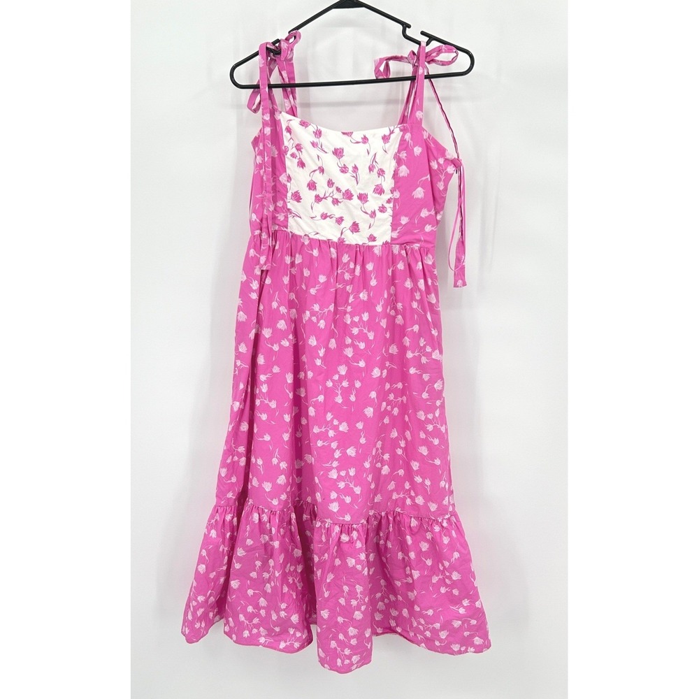 Coquette Cottagecore Pink Floral Tiered Tie‎ Strap Smocked Midi Dress L Romantic
